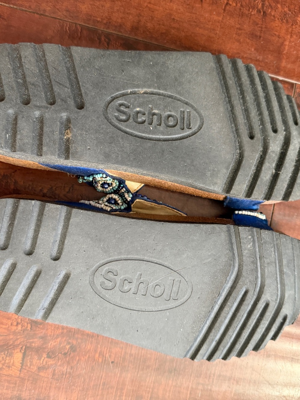 Scholl New Bogotà Wedge Beaded Sandals Blue & Brown EU 37 bio print geometric - Picture 2 of 3